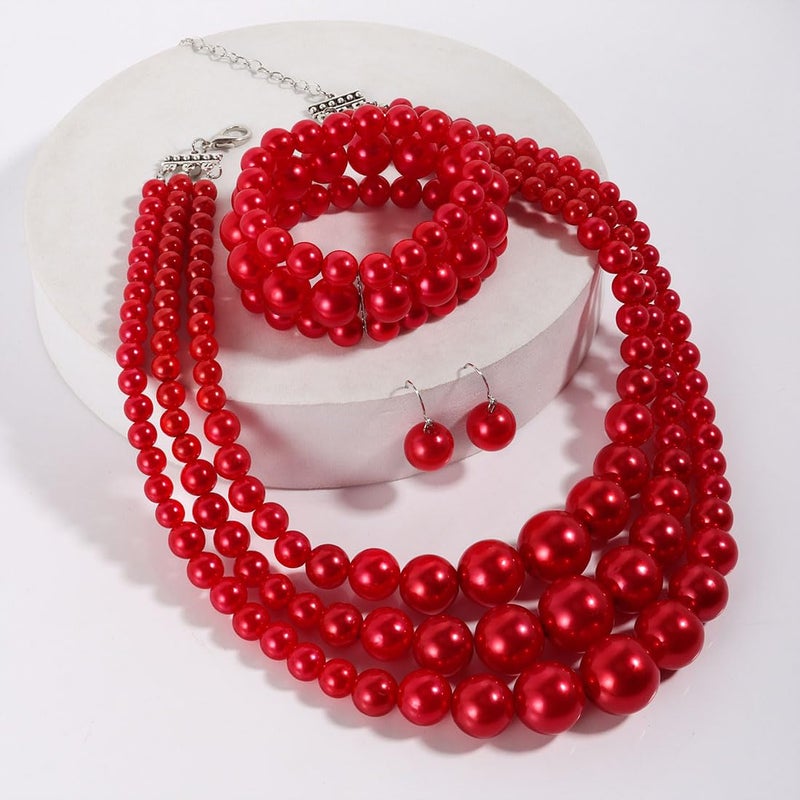 KOSMOS-LI Large Jewelry Sets 3 Layer Simulated Red Pearl Women's Statement 18" Necklace Bracelet and Earrings - Image 5